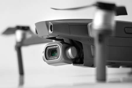 Close up of new dark grey DJI MAVIC PRO 2 drone isolated on gray background, 23.01.2021, Lisbon, Portugalのeditorial素材