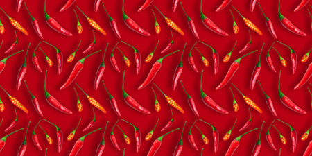 Small hot red chili peppers isolated on red background. Seamless patternの写真素材