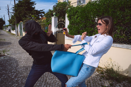 Thief or robber in the mask trying to steal womans bag outdoors. Woman using pepper spray or tear...