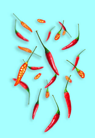 Hot chili peppers and chilli pieces levitating on light blue background