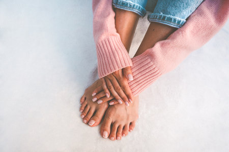 Stylish woman showing her hands and feet with beautiful manicure and pedicure. White background with copy spaceの写真素材
