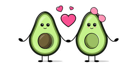 Cute avocado couple in love holding hands. Valentines day greeting card with sweet avocados and hearts isolated on white background. Vector illustrationのイラスト素材