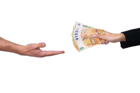 Hands giving money isolated on white background. Lending money