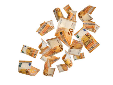 Falling 50 euro banknotes isolated on white background