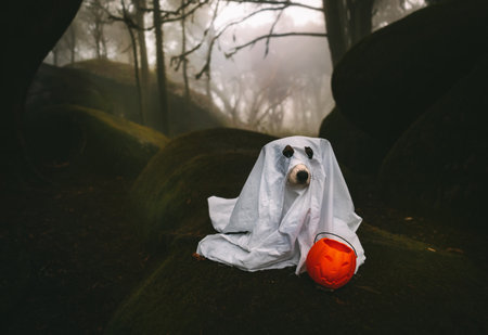 Dog dressed like ghost standing in creepy foggy forest with pumpkin-shape bucket in the evening. Halloween concept.の写真素材