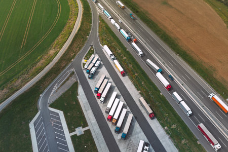 Aerial view of logistic traffic and parking lots full of trucks on highway in Poland. View from drone.の写真素材