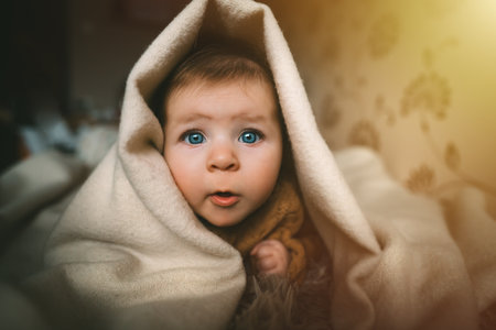 Blue-eyed baby girl crawling on bed under the blanket. Adorable kid portrait. 5 month old child. Childhood concept.の写真素材