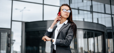 A business woman checks the time and talking on the phone in the city during a working day waiting for a meeting. Discipline and timing.の写真素材
