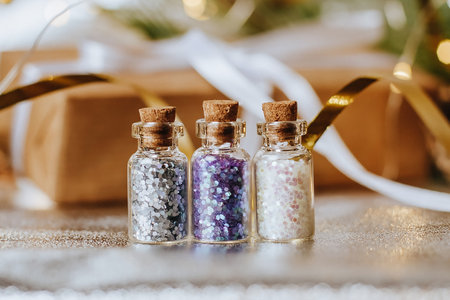 Spangles of gold and silver are scattered from bottles on a white backgroundの写真素材