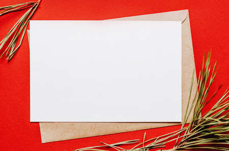 Blank christmas note with fir branch on red isolated background. New Year concept