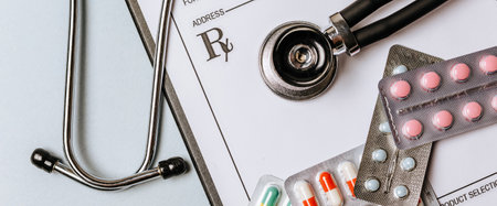 Medical concept with stethoscope, pills, notepad, pen on the doctor desktopの写真素材