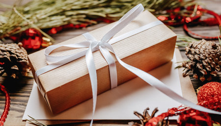 Gift with blank note with fir branch and Christmas toys on wooden background. New Year conceptの写真素材