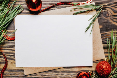 Blank note with fir branch and Christmas toys on wooden background. New Year conceptの写真素材