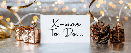 Merry christmas and merry new year concept with gift boxes and greeting card with text X-mas To-Do...の写真素材