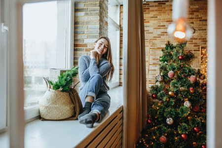 Beautiful cheerful happy young girl with christmas gifts on the background of a new year tree at homeの写真素材