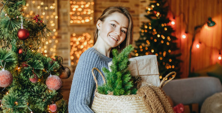 Beautiful cheerful happy young girl with christmas gifts on the floor near the new year tree at homeの写真素材