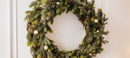 Christmas decorations at home. New year lights, toy, wreath and tree Noelの写真素材