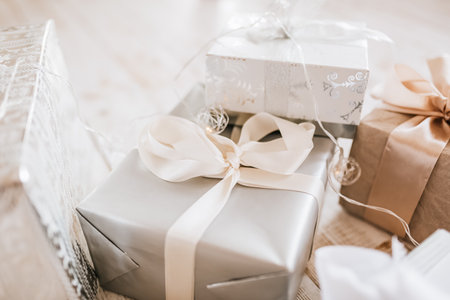 New Year gifts and Christmas toys on wooden floorの写真素材