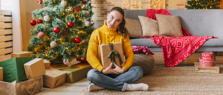 Beautiful cheerful happy young girl with christmas gifts on the background of a new year tree at homeの写真素材