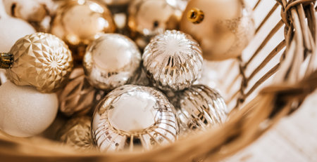 New Year basket with christmas toys on wooden floorの写真素材