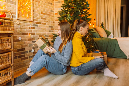 Two beautiful cheerful happy young girls girlfriend give Christmas gifts on the background of a new year tree at homeの写真素材
