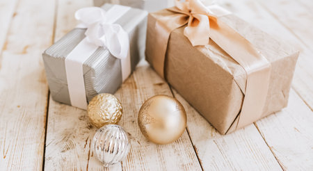 New Year gifts and Christmas toys on wooden floorの写真素材