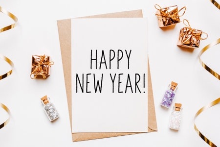 happy new year note with envelope, gifts and gold glitter stars on white background. merry christmas and New Year conceptの写真素材