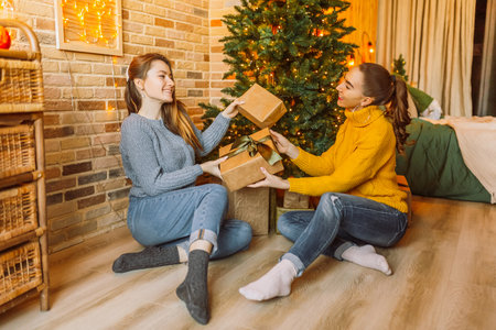 Two beautiful cheerful happy young girls girlfriend give Christmas gifts on the background of a new year tree at homeの写真素材