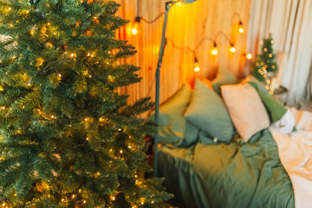 Christmas decorations at home. New year lights, toy, wreath and tree Noelの写真素材