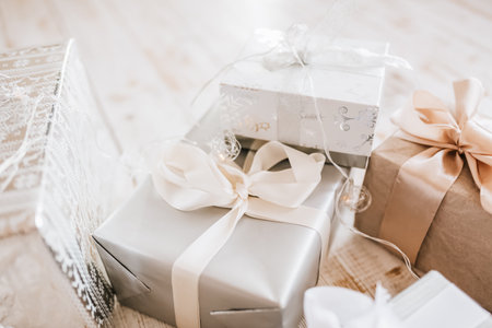 New Year gifts and Christmas toys on wooden floorの写真素材