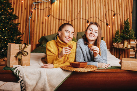 Two beautiful cheerful happy young girls girlfriend give Christmas gifts on the background of a new year tree at homeの写真素材