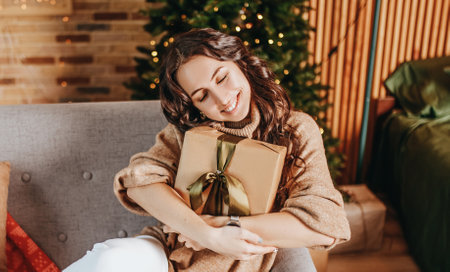 Beautiful cheerful happy young girl with christmas gifts on sofa on the background of a new year tree at homeの写真素材