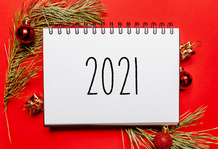 2021 christmas note with fir branch and toy on red isolated background. New Year conceptの写真素材