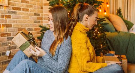 Two beautiful cheerful happy young girls girlfriend give Christmas gifts on the background of a new year tree at homeの写真素材