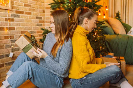 Two beautiful cheerful happy young girls girlfriend give Christmas gifts on the background of a new year tree at homeの写真素材