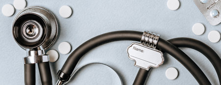 Medical concept with stethoscope, pills, notepad, pen on the doctor desktopの写真素材