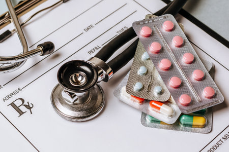 Medical concept with stethoscope, pills, notepad, pen on the doctor desktopの写真素材