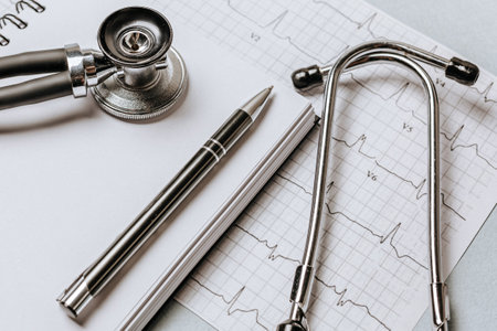 Medical concept flat lay with stethoscope, cardiogram and medical prescription on the doctor desktopの写真素材