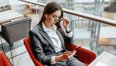 Business woman in glasses at the workplace uses the phone and sits at the table. Manager in the office.の写真素材
