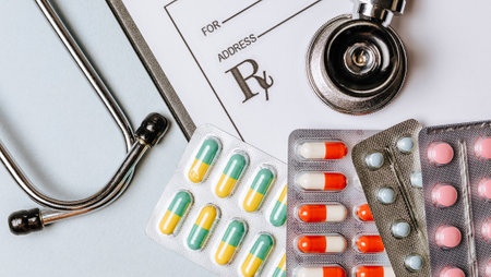 Medical concept with stethoscope, pills, notepad, pen on the doctor desktopの写真素材