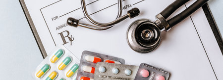 Medical concept with stethoscope, pills, notepad, pen on the doctor desktopの写真素材