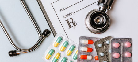 Medical concept with stethoscope, pills, notepad, pen on the doctor desktopの写真素材