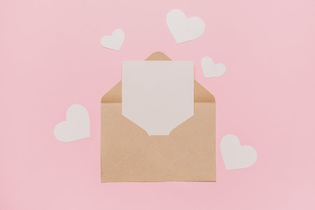 note letter with heart on pink background, love and valentine conceptの写真素材