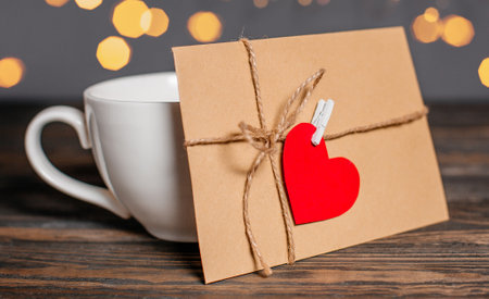 Love letter with a heart next to a cup on a background of lights, love and valentine concept on a wooden tableの写真素材
