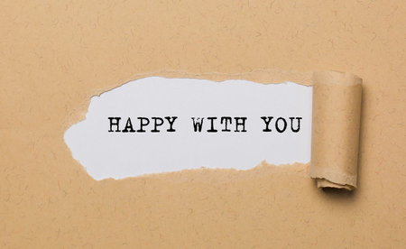 happy with you on torn paper background love and valentine conceptの写真素材