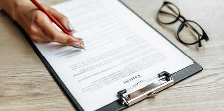Young girl office worker or business lady signs documents. Concentrated businesswoman working with papers. Business conceptの写真素材