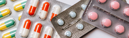 Medical concept flat lay with pills on a blue backgroundの写真素材