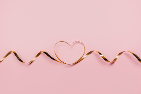 shape heart by gold ribbon on isolated pink backgroundの写真素材
