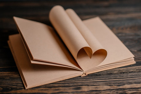 Heart made from book sheets, love and valentine concept on a wooden tableの写真素材