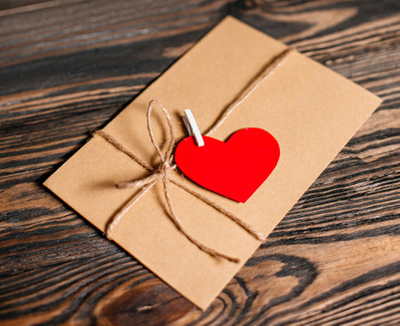 Love letter with a heart on a background of lights, love and valentine concept on a wooden tableの写真素材